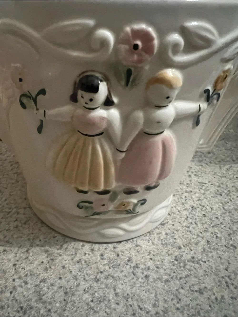 Hand-Painted Ceramic Vase with Pink and Cream Figurine Detail